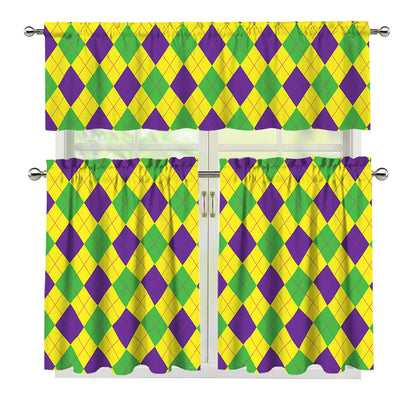 Mardi Gras Fat Tuesday Argyle Print 3 Piece Kitchen Curtains