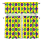Mardi Gras Fat Tuesday Argyle Print 3 Piece Kitchen Curtains