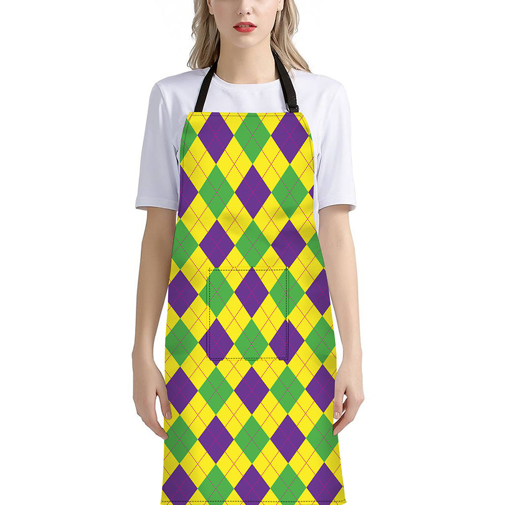 Mardi Gras Fat Tuesday Argyle Print Bib Apron With Pocket