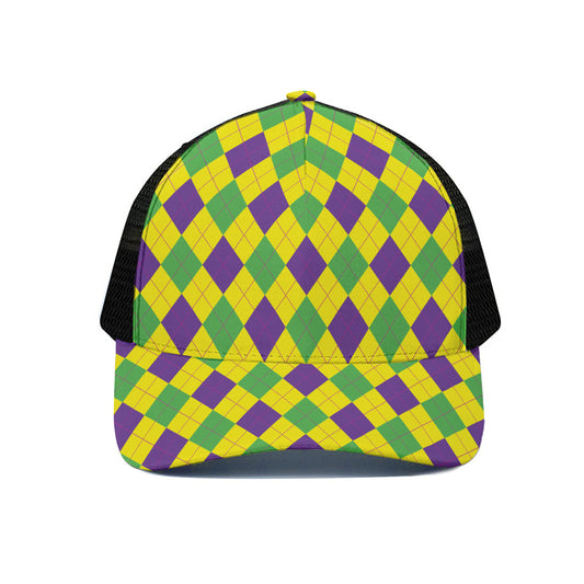 Mardi Gras Fat Tuesday Argyle Print Black Mesh Trucker Cap