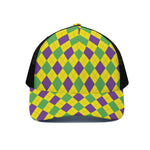Mardi Gras Fat Tuesday Argyle Print Black Mesh Trucker Cap