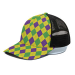 Mardi Gras Fat Tuesday Argyle Print Black Mesh Trucker Cap