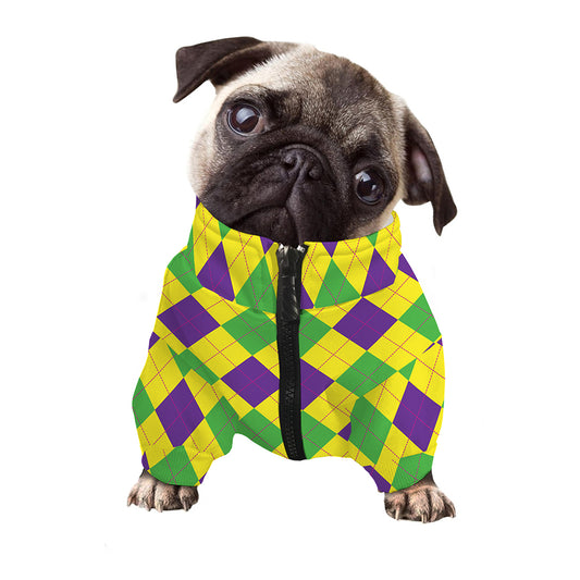 Mardi Gras Fat Tuesday Argyle Print Dog Zip Up Jacket