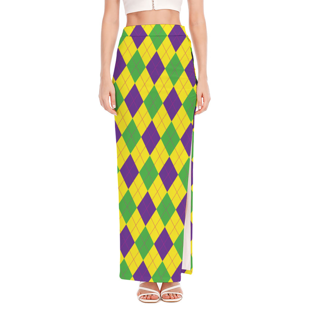 Mardi Gras Fat Tuesday Argyle Print High Slit Maxi Skirt