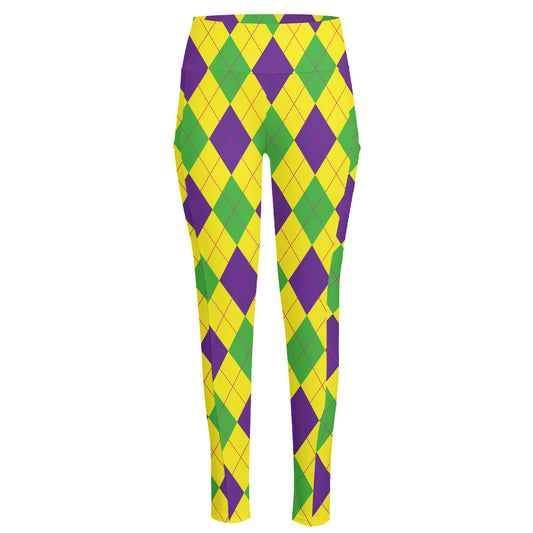 Mardi Gras Fat Tuesday Argyle Print High-Waisted Pocket Leggings