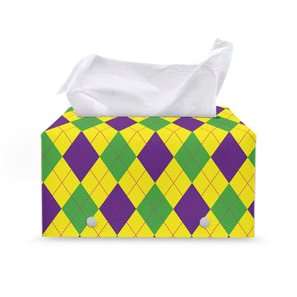 Mardi Gras Fat Tuesday Argyle Print Leather Tissue Box Cover