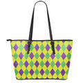 Mardi Gras Fat Tuesday Argyle Print Leather Tote Bag With Zipper