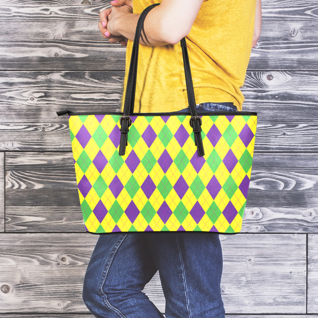 Mardi Gras Fat Tuesday Argyle Print Leather Tote Bag