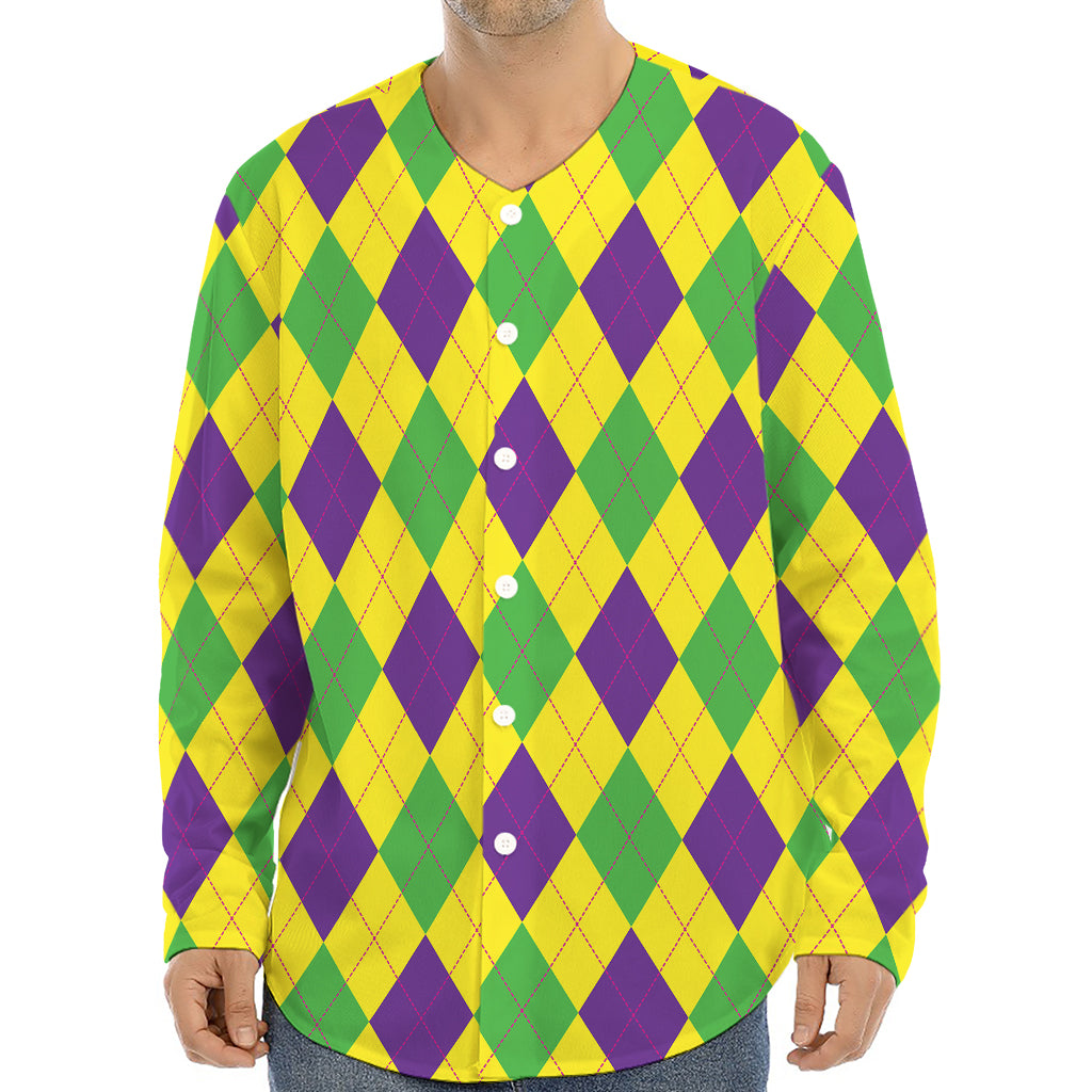 Mardi Gras Fat Tuesday Argyle Print Long Sleeve Baseball Jersey