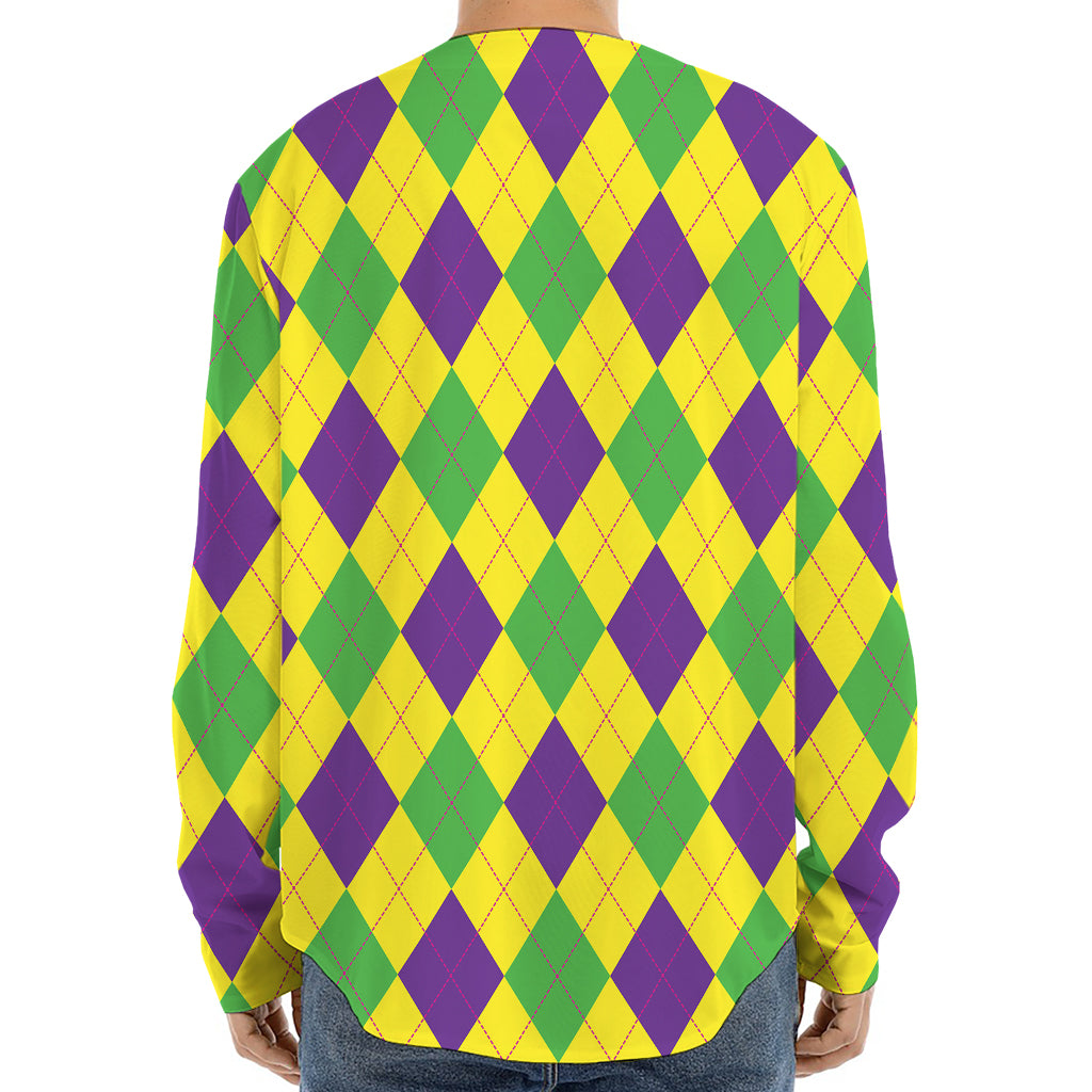 Mardi Gras Fat Tuesday Argyle Print Long Sleeve Baseball Jersey