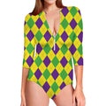 Mardi Gras Fat Tuesday Argyle Print Long Sleeve Swimsuit
