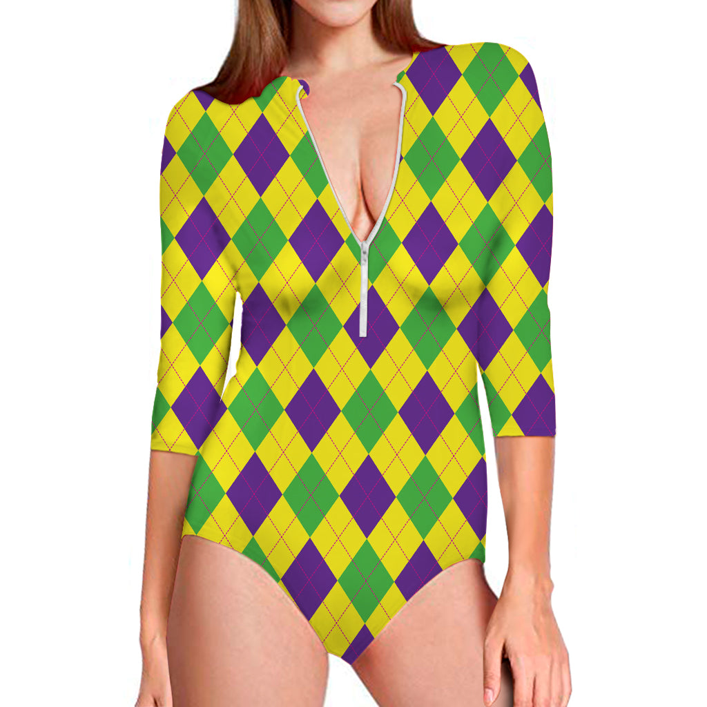 Mardi Gras Fat Tuesday Argyle Print Long Sleeve Swimsuit