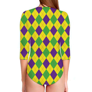 Mardi Gras Fat Tuesday Argyle Print Long Sleeve Swimsuit