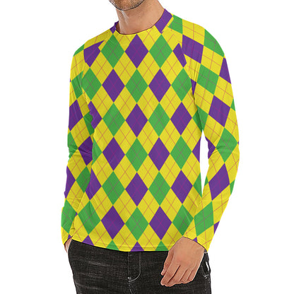 Mardi Gras Fat Tuesday Argyle Print Men's Long Sleeve Rash Guard