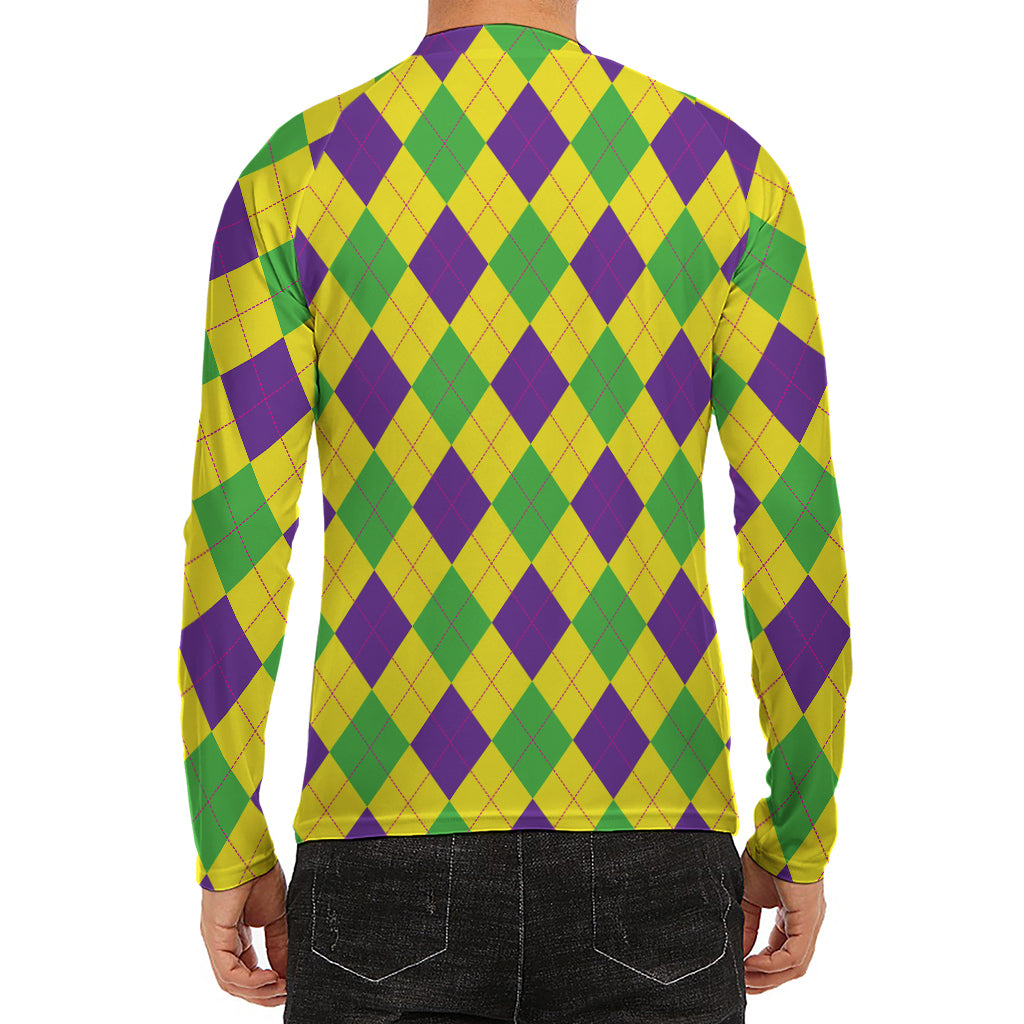 Mardi Gras Fat Tuesday Argyle Print Men's Long Sleeve Rash Guard
