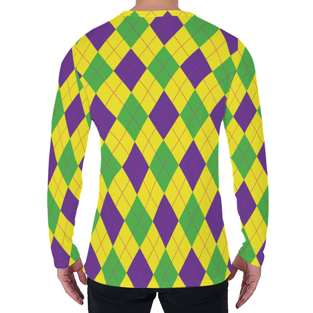 Mardi Gras Fat Tuesday Argyle Print Men's Long Sleeve T-Shirt