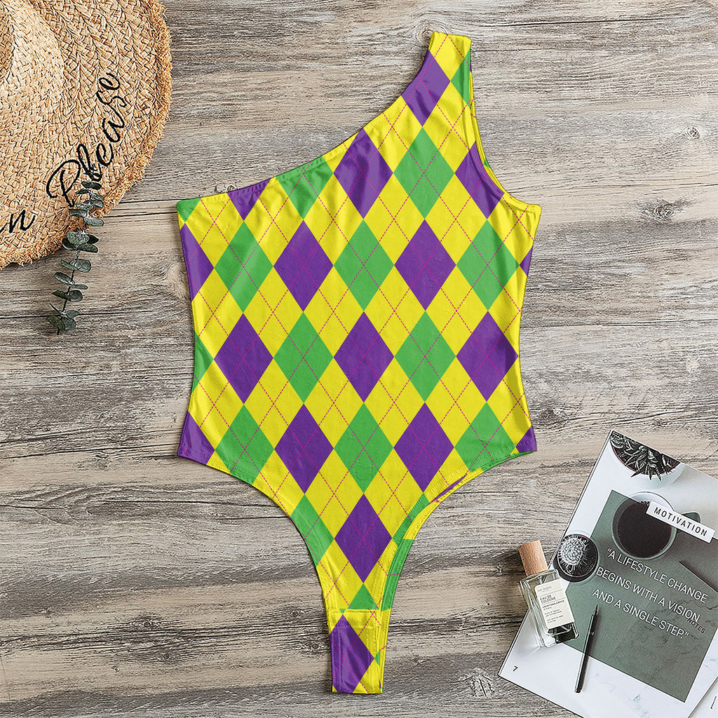 Mardi Gras Fat Tuesday Argyle Print One Shoulder Bodysuit