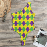 Mardi Gras Fat Tuesday Argyle Print One Shoulder Bodysuit