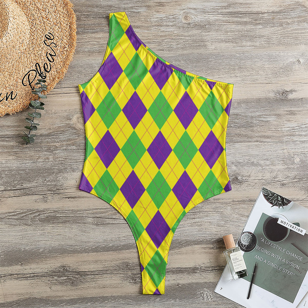 Mardi Gras Fat Tuesday Argyle Print One Shoulder Bodysuit