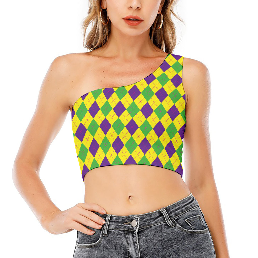 Mardi Gras Fat Tuesday Argyle Print One Shoulder Crop Top