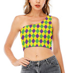 Mardi Gras Fat Tuesday Argyle Print One Shoulder Crop Top