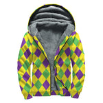 Mardi Gras Fat Tuesday Argyle Print Sherpa Lined Zip Up Hoodie