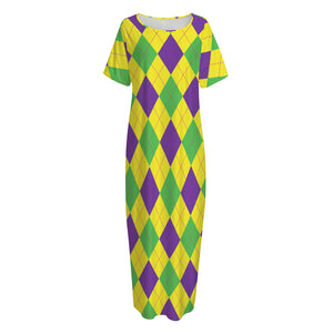 Mardi Gras Fat Tuesday Argyle Print Short Sleeve Long Nightdress