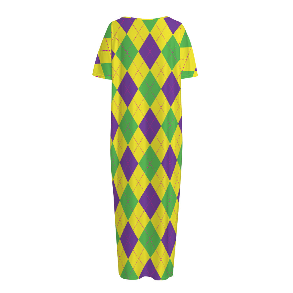 Mardi Gras Fat Tuesday Argyle Print Short Sleeve Long Nightdress