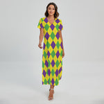 Mardi Gras Fat Tuesday Argyle Print Short Sleeve Maxi Dress