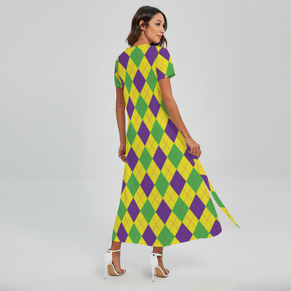 Mardi Gras Fat Tuesday Argyle Print Short Sleeve Maxi Dress