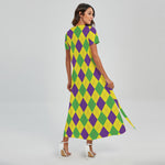 Mardi Gras Fat Tuesday Argyle Print Short Sleeve Maxi Dress