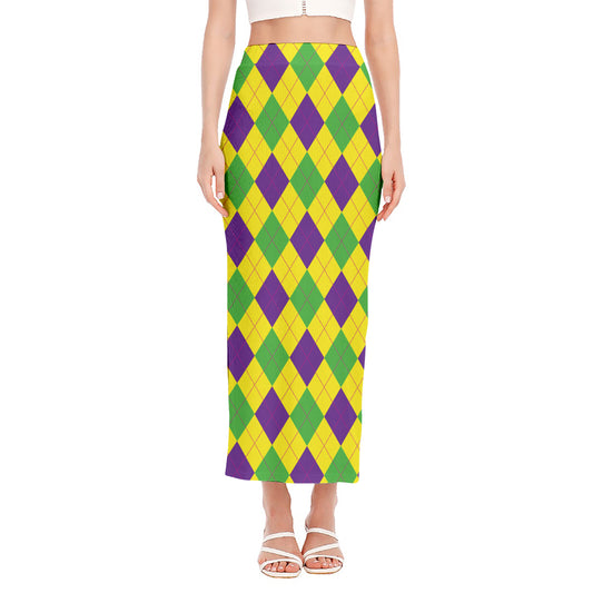 Mardi Gras Fat Tuesday Argyle Print Side Slit Maxi Skirt