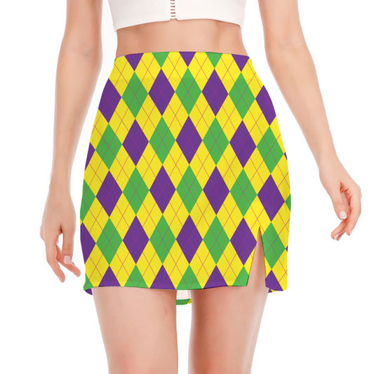 Mardi Gras Fat Tuesday Argyle Print Side Slit Mini Skirt