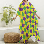 Mardi Gras Fat Tuesday Argyle Print Silk V-Neck Kaftan Dress
