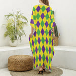 Mardi Gras Fat Tuesday Argyle Print Silk V-Neck Kaftan Dress