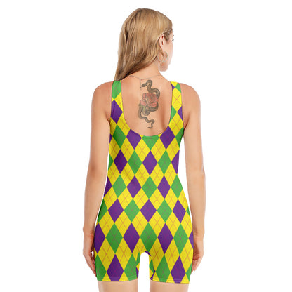 Mardi Gras Fat Tuesday Argyle Print Sleeveless One Piece Swimsuit