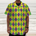 Mardi Gras Fat Tuesday Argyle Print Textured Short Sleeve Shirt