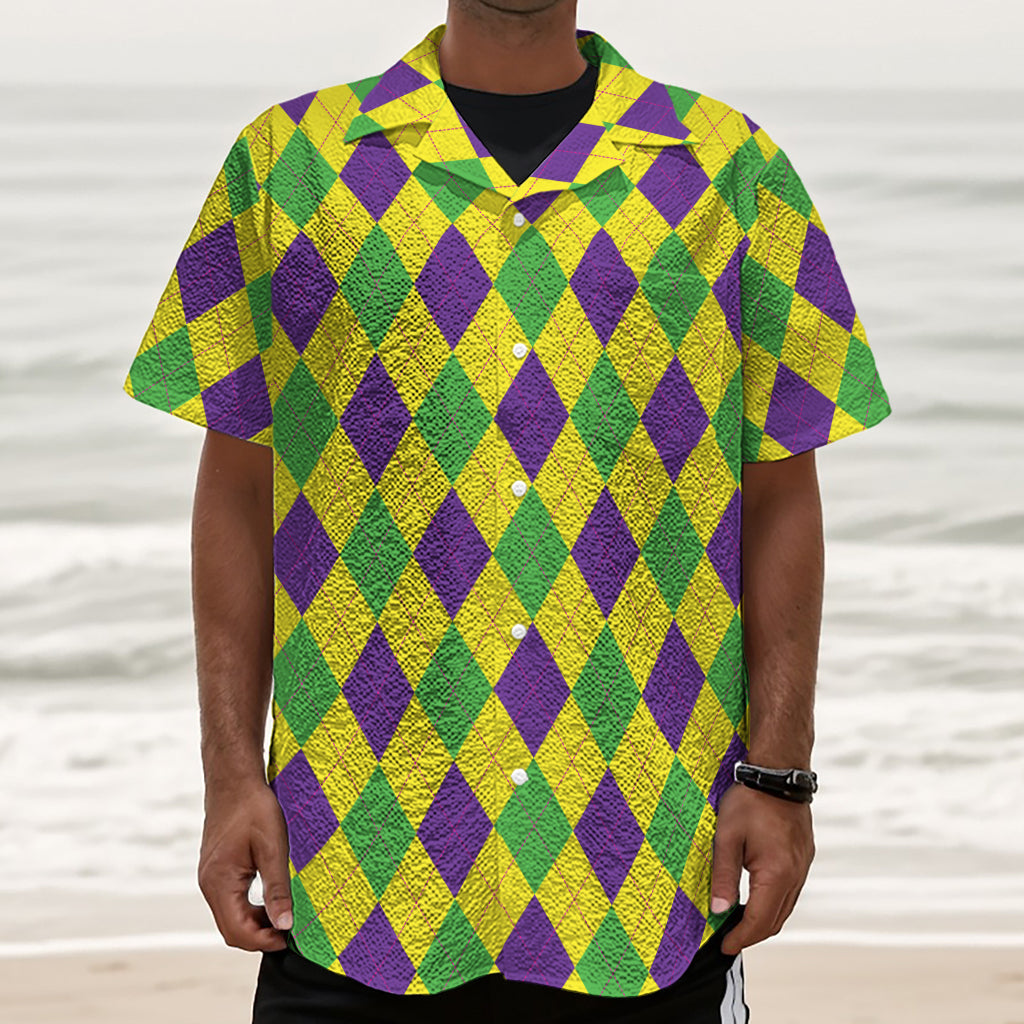Mardi Gras Fat Tuesday Argyle Print Textured Short Sleeve Shirt