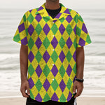 Mardi Gras Fat Tuesday Argyle Print Textured Short Sleeve Shirt