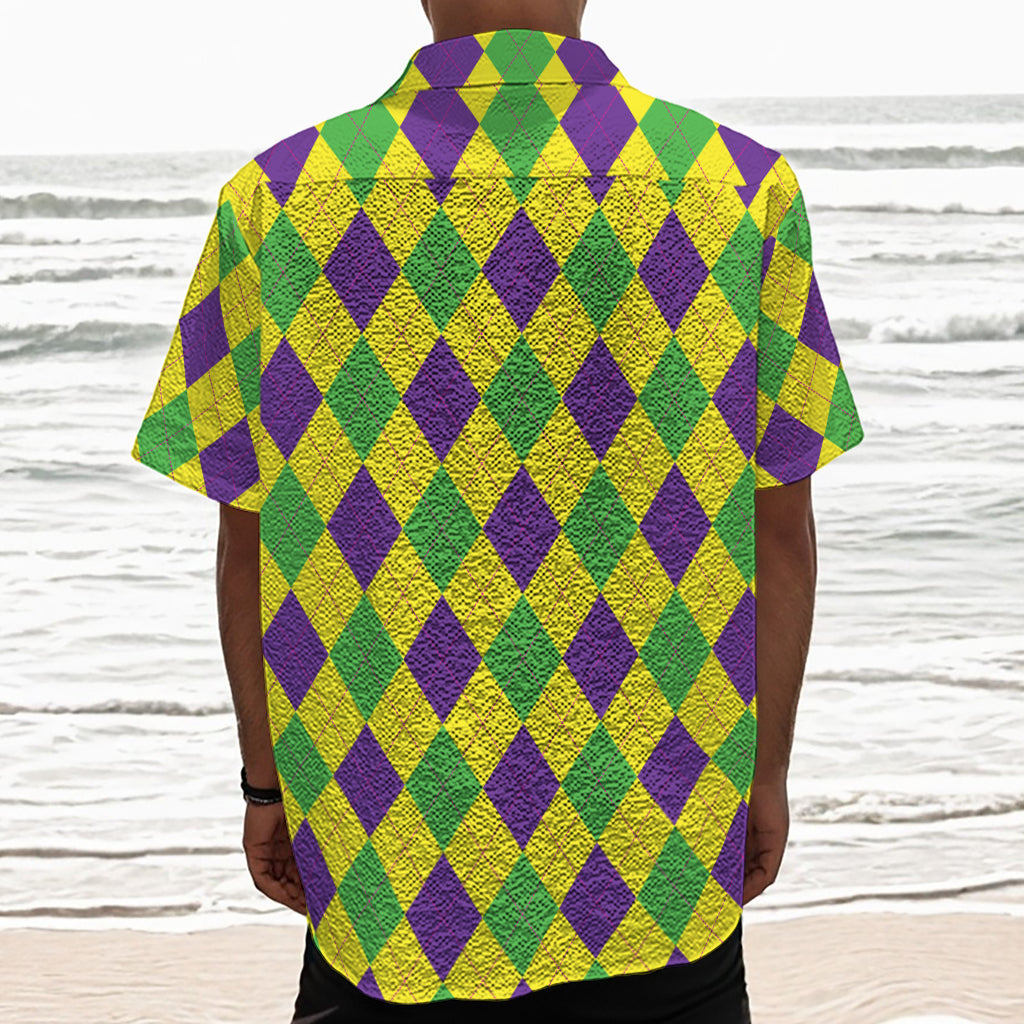 Mardi Gras Fat Tuesday Argyle Print Textured Short Sleeve Shirt