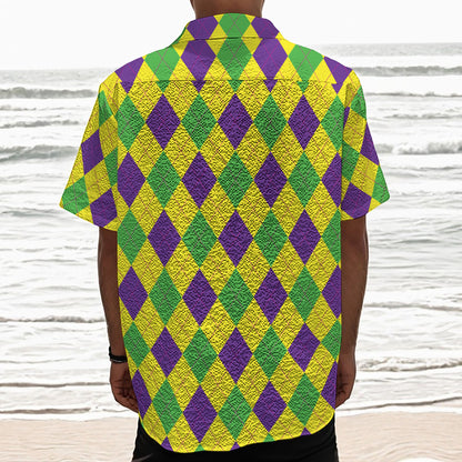 Mardi Gras Fat Tuesday Argyle Print Textured Short Sleeve Shirt