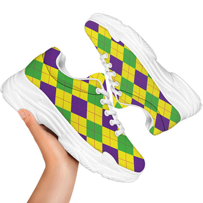 Mardi Gras Fat Tuesday Argyle Print White Chunky Shoes