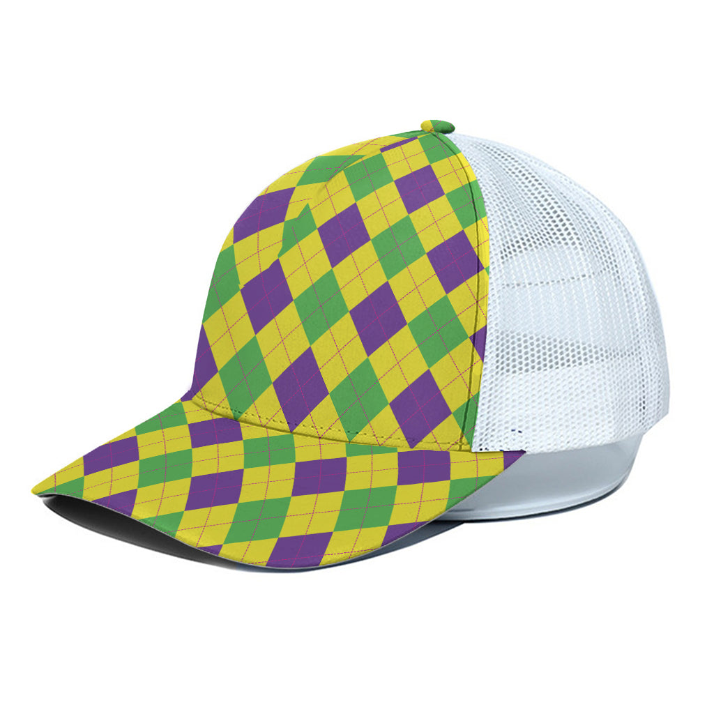 Mardi Gras Fat Tuesday Argyle Print White Mesh Trucker Cap