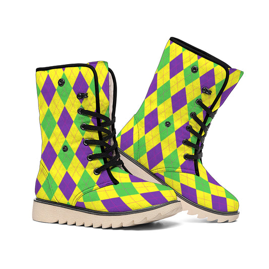 Mardi Gras Fat Tuesday Argyle Print Winter Boots
