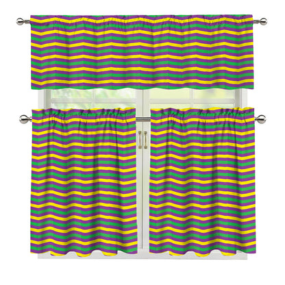 Mardi Gras Fat Tuesday Chevron Print 3 Piece Kitchen Curtains