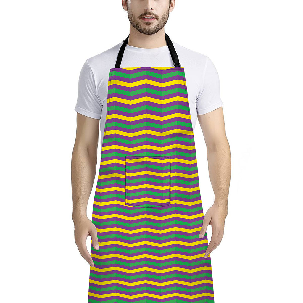 Mardi Gras Fat Tuesday Chevron Print Bib Apron With Pocket