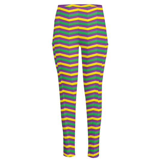 Mardi Gras Fat Tuesday Chevron Print High-Waisted Pocket Leggings