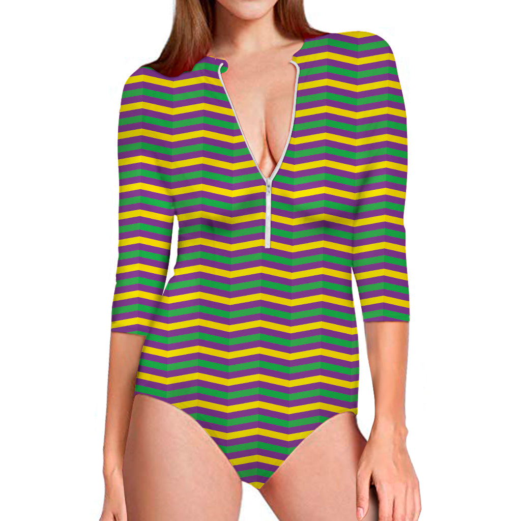 Mardi Gras Fat Tuesday Chevron Print Long Sleeve Swimsuit