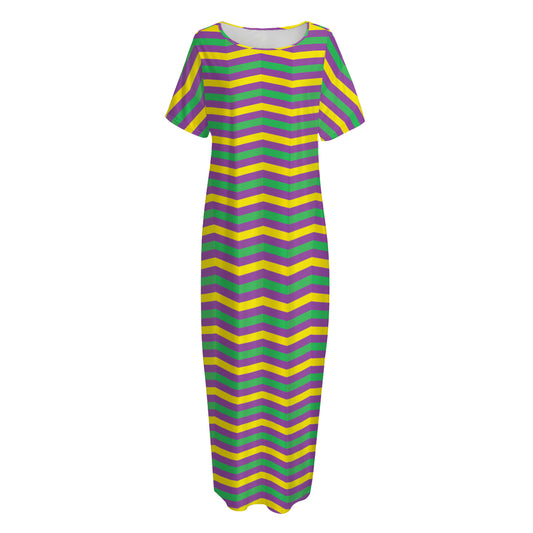 Mardi Gras Fat Tuesday Chevron Print Short Sleeve Long Nightdress