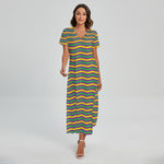 Mardi Gras Fat Tuesday Chevron Print Short Sleeve Maxi Dress